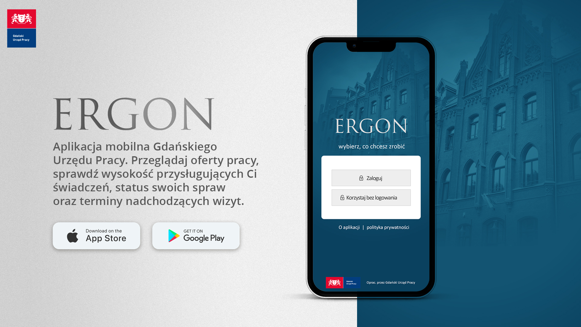 Baner promujący aplikację mobilną Ergon. Zawiera nazwę ikony sklepów internetowych, z których można pobrać aplikacją oraz grafikę smartfona ze stroną powitalną aplikacji.